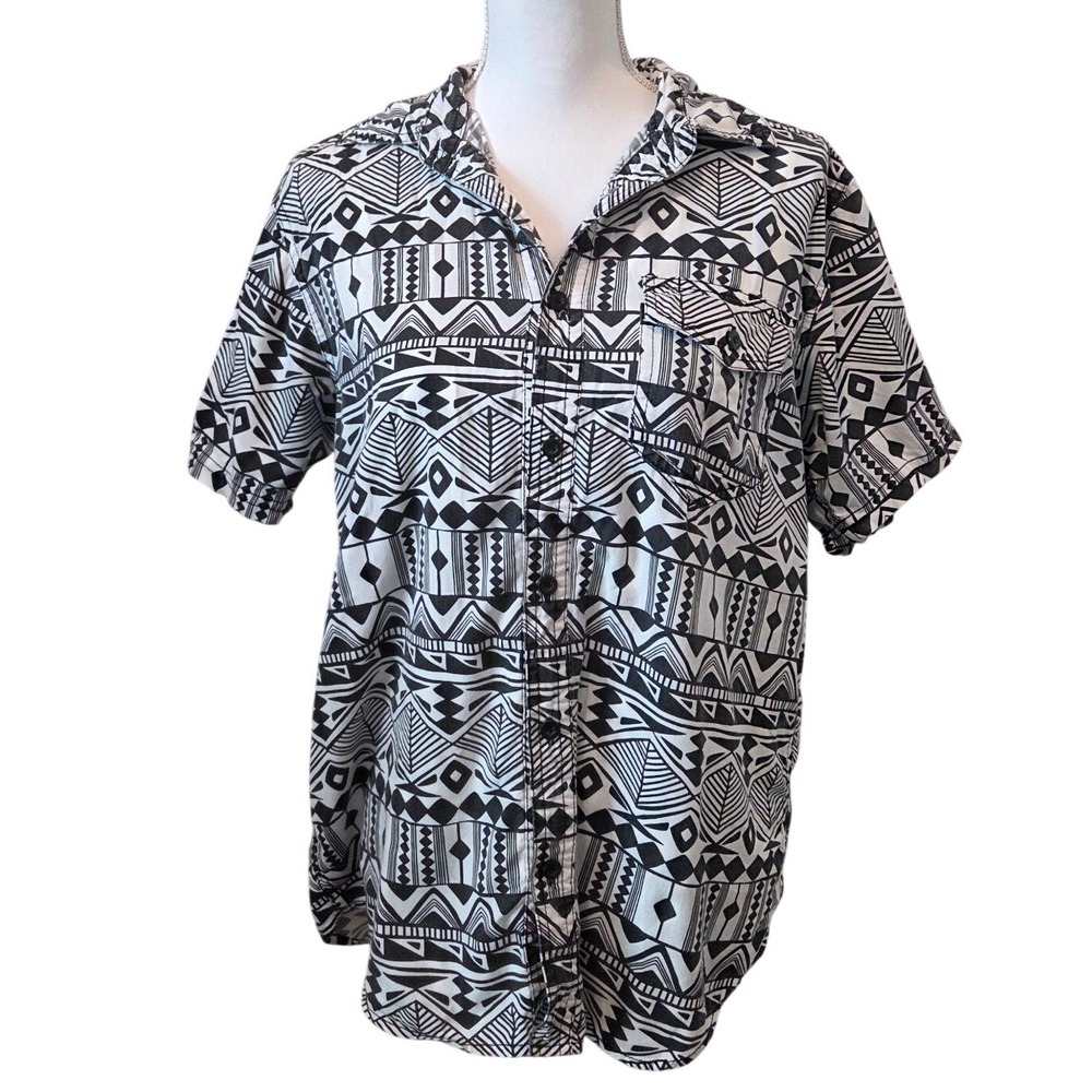 Bleecker & Mercer Mens Black White Geometric Tribal Aztec‎ Cotton Shirt Medium